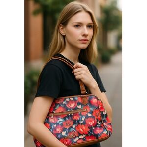 ROSETTI‎ Jean Theory Double Handle Satchel Bag in Red Floral Multi-color